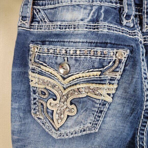 Rock Revival Vitual Pink Mid Rise Straight Patch Distressed Medium Wash Jeans 27 - Picture 11 of 16